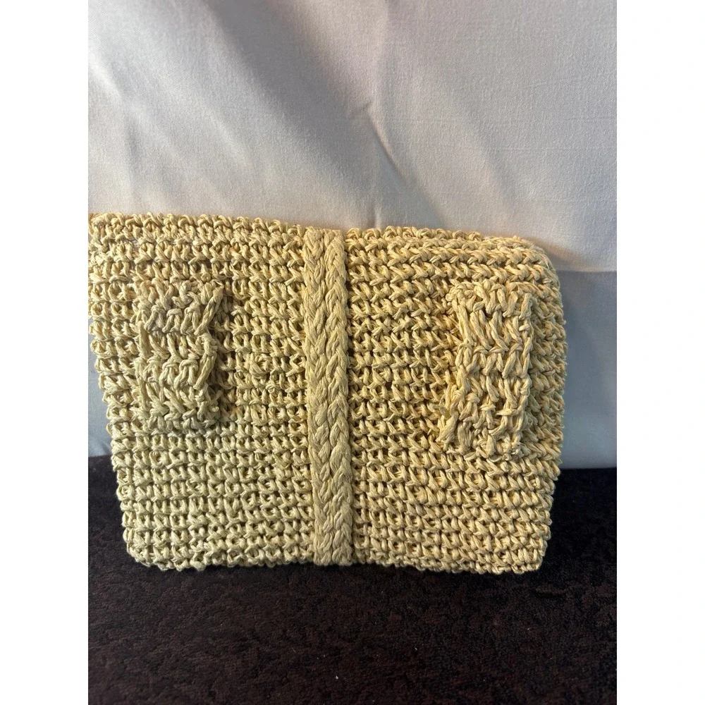 L*Space Woven Straw Tassel Clutch Belt Bag Pale Yellow Linen Lined Small